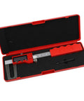 Digital Brake Disc Caliper 0-150mm Stainless Steel LCD Electronic Vernier in a red case with tools and display.