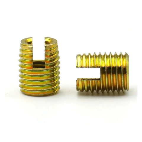 Heavy Duty Self Tapping Thread Inserts M2 To M16 In Carbon And Stainless Steel With Yellow Zinc Plated Or Silver Finish For Hardcore Thread Repair Jobs On Cars And Home Appliances Pack Of Two awesome gear showing two yellow zinc plated inserts.