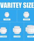 Image showing various sizes of PVC union couplings, including 3/4-Inch, highlighting Three Quarter Inch PVC Union Couplings With EPDM O Rings.
