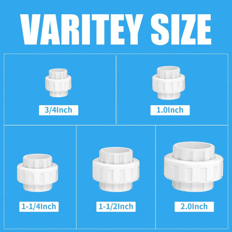 Image showing various sizes of PVC union couplings, including 3/4-Inch, highlighting Three Quarter Inch PVC Union Couplings With EPDM O Rings.