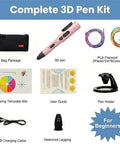 Complete 3D Printing Pen Kit with pink pen, bag, PLA filaments, template mat, USB cable, pen holder, and user guide for DIY projects.