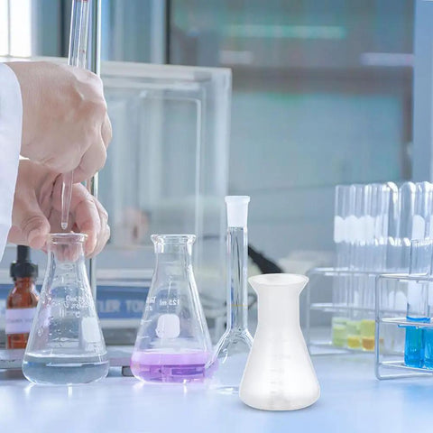 12 Pack Plastic Flask Set For Science Class with Erlenmeyer style bottles and triangular cone beakers in a lab setup