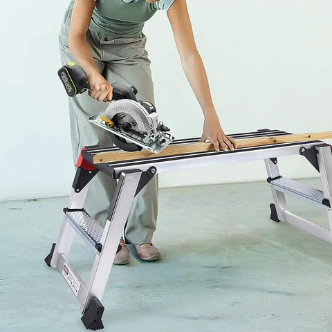 Person using a saw on Beast Mode Rugged Aluminum Work Platform Foldable Large Size Step Stool Work Bench With Non Slip Mat 660 Lbs Capacity Heavy Duty 38 In L By 15 In W Portable Quick Fold For Garage Shop Car Maintenance And Home Projects