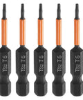Five piece set of Built Tough T6 Torx Screwdriver Bits With One Quarter Inch Hex Shank And Two Inch Length crafted from heat treated S2 steel.