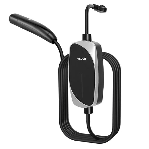 Tesla Level 1 2 Portable EV Charger 16 Amp With 25 Ft Cable, features sleek design with LED indicator and plug-and-play adapter.