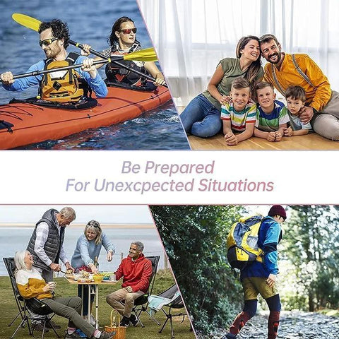 276-piece first aid kit in a compact bag for home, car, camping and travel; collage of kayaking, family indoors and hiking.