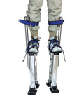 Person wearing Adjustable Aluminum Drywall Stilts 24 To 40 Inch Pro Grade For Painting And Cleaning Lightweight Durable Construction Silver Finish Ideal For Contractors And DIY Pros