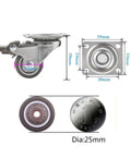 4 Piece Heavy Duty Furniture Casters Set with 25mm Soft Rubber Swivel Wheels, Silver Rollers, 80kg Capacity, Dimensions Shown