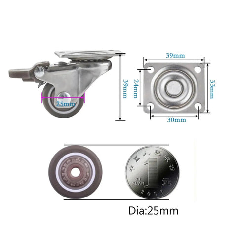4 Piece Heavy Duty Furniture Casters Set with 25mm Soft Rubber Swivel Wheels, Silver Rollers, 80kg Capacity, Dimensions Shown