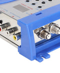 Close-up of HDMI To RF Modulator For TV With PAL NTSC Support, featuring RF converter ports, dual frequency connections, blue casing.