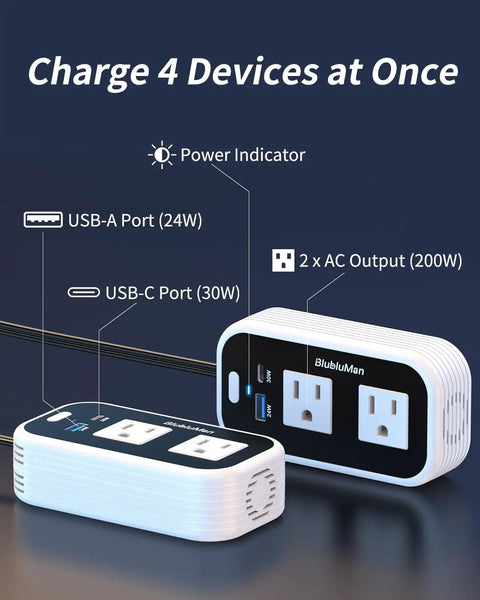 Hella Reliable 200W Car Power Inverter With Dual AC Outlets, 30W PD Fast Charger And QC3.0 USB Port, showcasing 4 device charging capabilities.