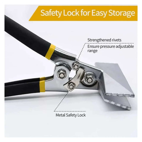 Close-up of Sheet Metal Bending Pliers Hand Seamer Pro Grade Wide Jaw, safety lock, ergonomic grip, heavy-duty steel for welding clamps.