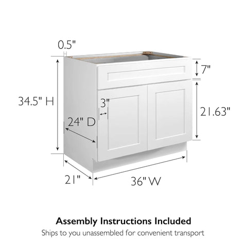 Brookings Shaker Unassembled Sink Base Cabinet 36 W 24 D 34.5 H Painted White Solid Wood For Kitchen Sinks front view.