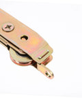 Close-up of Heavy Duty Barn Door Roller Kit Includes Two Rock Solid Aluminum Sliding Pulley Wheels, detailed view of aluminum wheel and metal plate.