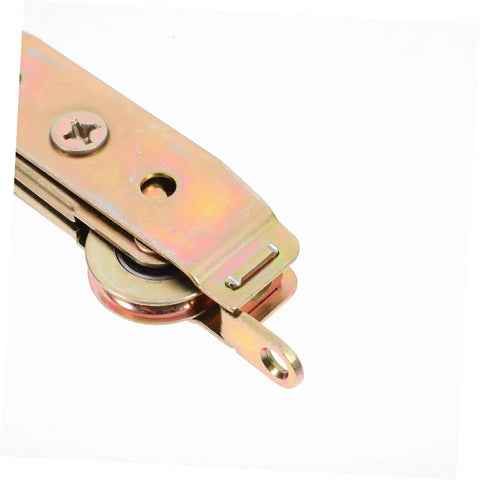 Close-up of Heavy Duty Barn Door Roller Kit Includes Two Rock Solid Aluminum Sliding Pulley Wheels, detailed view of aluminum wheel and metal plate.
