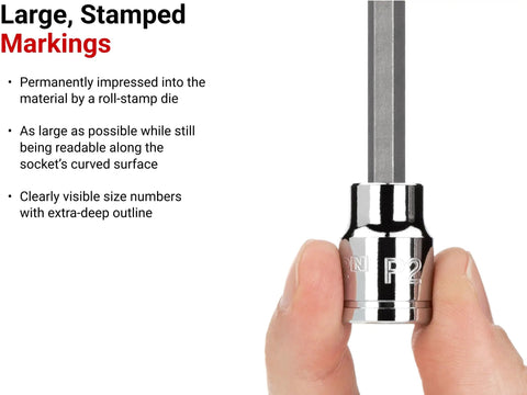 Close-up of large stamped markings on Three Eighths Inch Drive Long Phillips Bit Socket Number Two With S2 Steel Bit.