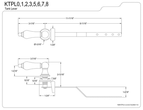 Technical diagram of Old School Victorian Front Mount Toilet Tank Lever In Antique Brass, dimensions labeled