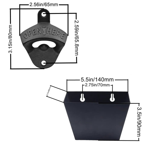 Measurements of Rock Solid Black Cast Iron Wall Mounted Bottle Opener With Cap Catcher Tray For Beer And Soda.
