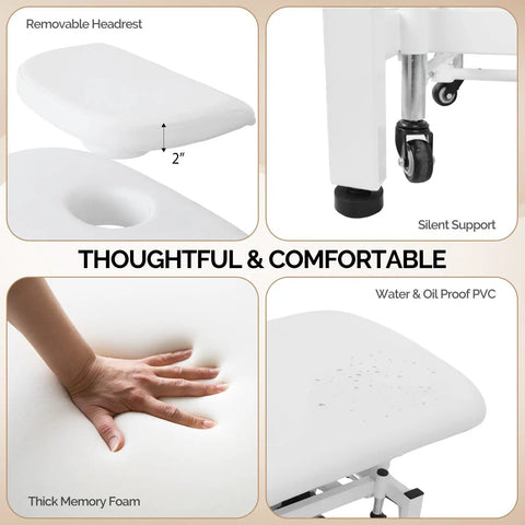 OmySalon Pro Electric Lift Massage Table With Dual Motors For Facial Beauty Salon Spa Therapy removable headrest and thick memory foam cushion.