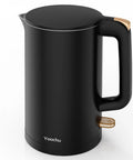 Double Wall 1.7L Electric Kettle With Cool Touch Exterior No Burn Hands Safety Rapid 1500W Boil Stainless Steel Water Boiler And Heater Cordless Base BPA Free Black displayed with a side view, featuring a sleek black design and ergonomic handle.
