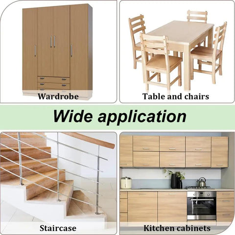 Wide application of 160 Pcs Wood Hole Plugs Set Four Styles One Half Inch Two Fifths Inch Three Fifths Inch Three Quarters Inch Hardwood Button And Mushroom Hole Plugs for furniture like wardrobe, table, chairs, staircase, kitchen cabinets.