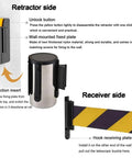 Slick Wall Mounted Retractable Warning Belt With Auto Magnetic Lock, features fixed plates and nylon strap for crowd control.
