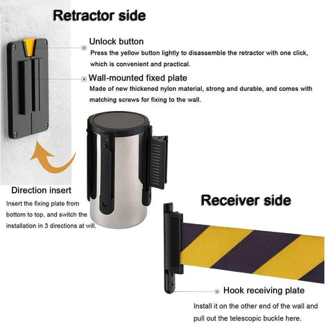 Slick Wall Mounted Retractable Warning Belt With Auto Magnetic Lock, features fixed plates and nylon strap for crowd control.
