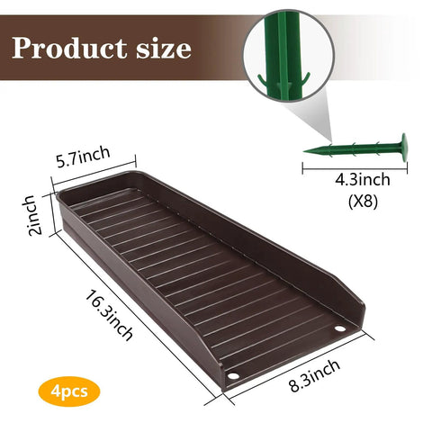 Heavy Duty Gutter Downspout Splash Blocks To Keep Your Backyard Dry And Foundation Safe 16 Inch Brown 4-Pack showing dimensions and design features.