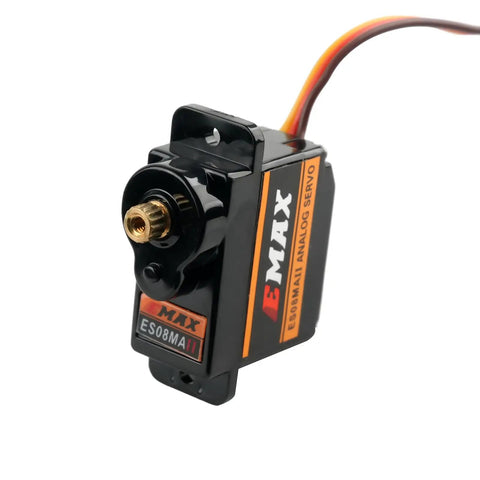 Close-up of ES08MA II 12g Mini Metal Geared Analog Servo for RC cars and helicopters with visible gearing and wiring