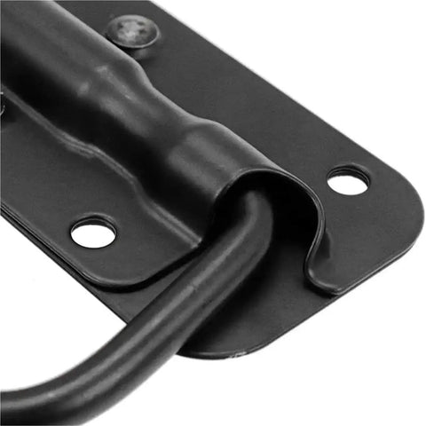 Close-up of black Spring Loaded Flush Pull Handle Kit for Tool Boxes and Cabinets, Heavy Duty Metal Hardware, four-point mount visible
