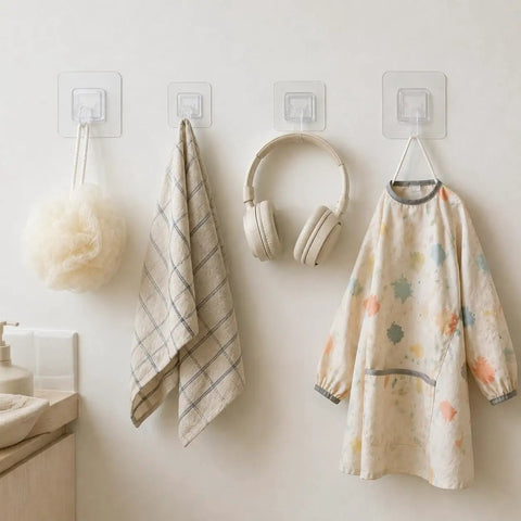 Sick Wall Mount Hooks, Totally Rust Proof Storage Rack For Coats, Bags, And Picture Hanging, clear hooks holding towel, pouf, headphones, and kid's dress.