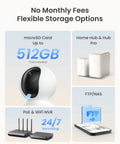 Storage options for Indoor 3K Baby And Pet Monitoring Cam With Auto Tracking And 5MP Night Vision, featuring home hub and microSD card.