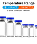 Six clear glass injection vials with blue caps, 2ml capacity, lined up for use.