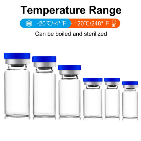 Six clear glass injection vials with blue caps, 2ml capacity, lined up for use.