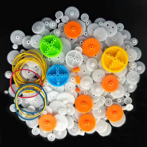 225 Piece Plastic Gear Set Kit For DIY Projects Built For Hobbyists And Makers including gears and rubber bands on display