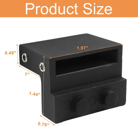 Two-Piece Barn Door Stopper Hardware Set For Sliding Doors Black Flat Rail Roller Stops with dimensions and rust-resistant aluminum alloy.