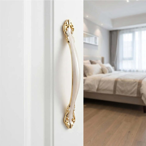 Amber Old School Vintage Cabinet Handles 3.8 Inch Hole Center Drawer Pulls For Kitchen Cabinets Dressers Wardrobes And Nightstands 10 Pack Premium Aluminum Alloy Hardware With Screws installed on white door