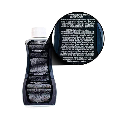 Rit DyeMore 7 oz graphite liquid fiber dye bottle, side view.