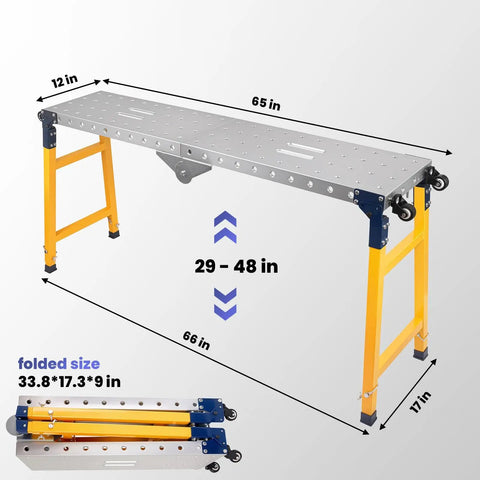 Heavy Duty Portable Welding Table And Folding Scaffolding Platform With Four Smooth Rollers, height adjustable 29-48 inches, 65x12 inches.