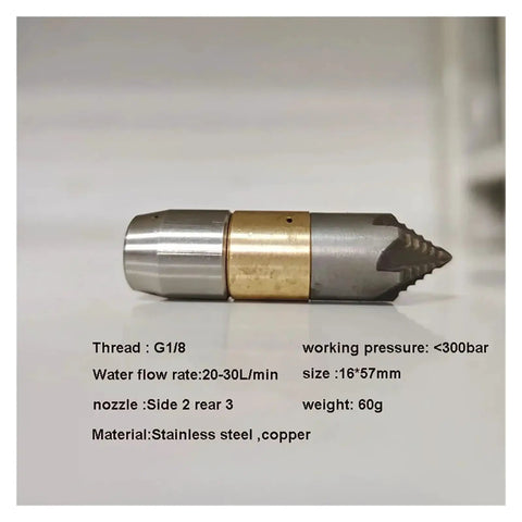 Stainless Steel Roots Cut Rotating Nozzle For Sewer Pipe Drain Cleaning, 30 LPM Flow, Multi Directional Water Outlets Sweep Inner Pipe Walls To Thoroughly Wash Away Debris And Break Up Blockages, G1/8, 16x57mm