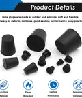 16 Size Assorted Solid Rubber Stopper Plus Flexible Silicone Hole Plug Kit For Bath And Kitchen Drain Sealing Plugs Waterproof Grommet Set With Durable Sealants, black rubber plugs