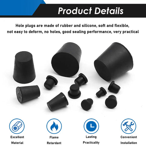 16 Size Assorted Solid Rubber Stopper Plus Flexible Silicone Hole Plug Kit For Bath And Kitchen Drain Sealing Plugs Waterproof Grommet Set With Durable Sealants, black rubber plugs