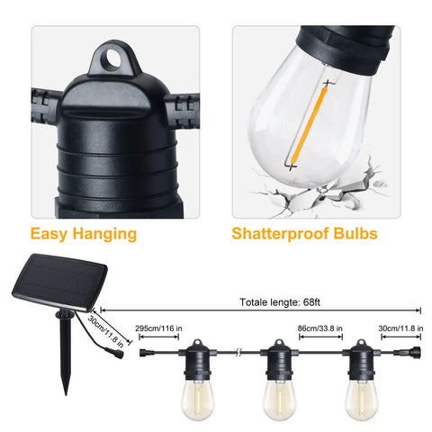 68Ft Solar Outdoor String Lights With USB Backup, LED bulbs, shatterproof, easy hanging, solar panel, 68ft length diagram