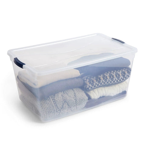 Cleverstore 95 Qt Clear Storage Bins With Lids, 4-Pack, Stackable And BPA-Free filled with folded clothes
