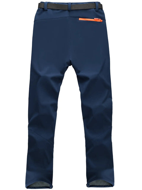 Back view of navy Mens Snow Ski Hiking Pants Waterproof Winter Fleece Lined Softshell Snowboard Pants with zippered bottom legs.