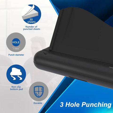 Side view of a Three Hole Paper Punch For Office And School, Heavy Duty Desktop Puncher showing close-up features, text overlays