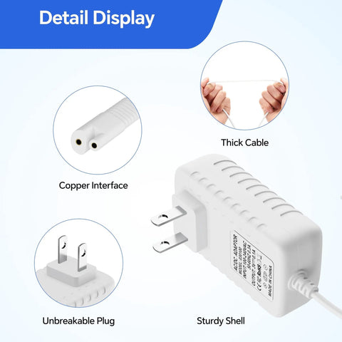 Detail display of Charger For Water Flosser WP360 WP360W WP462 WP462W WP450 WP450W WP465 WP440 WF13CD010 WP13 WP100 Two Prong 3V Power Adapter Cord 5 Foot Replacement Supply showing copper interface, thick cable, unbreakable plug, and sturdy shell.