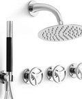 Polished Chrome Three Handle Shower Faucet Set with 10 Inch Round Rain Shower Head and Handheld Spray on White Background