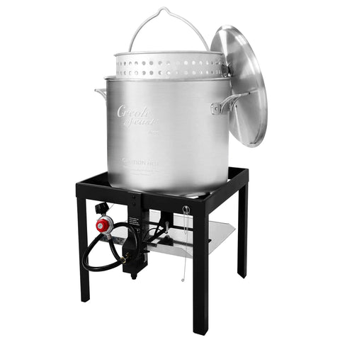 80 Quart Seafood Boiling Kit With Strainer And Basket Outdoor Boil Pot 100000 BTU Propane Burner shown assembled