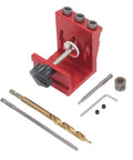 Pro Level Adjustable Pocket Hole Jig Kit Built From Tough Aluminum with three drill bits and adjustable clamp for precise 15-degree guidance.